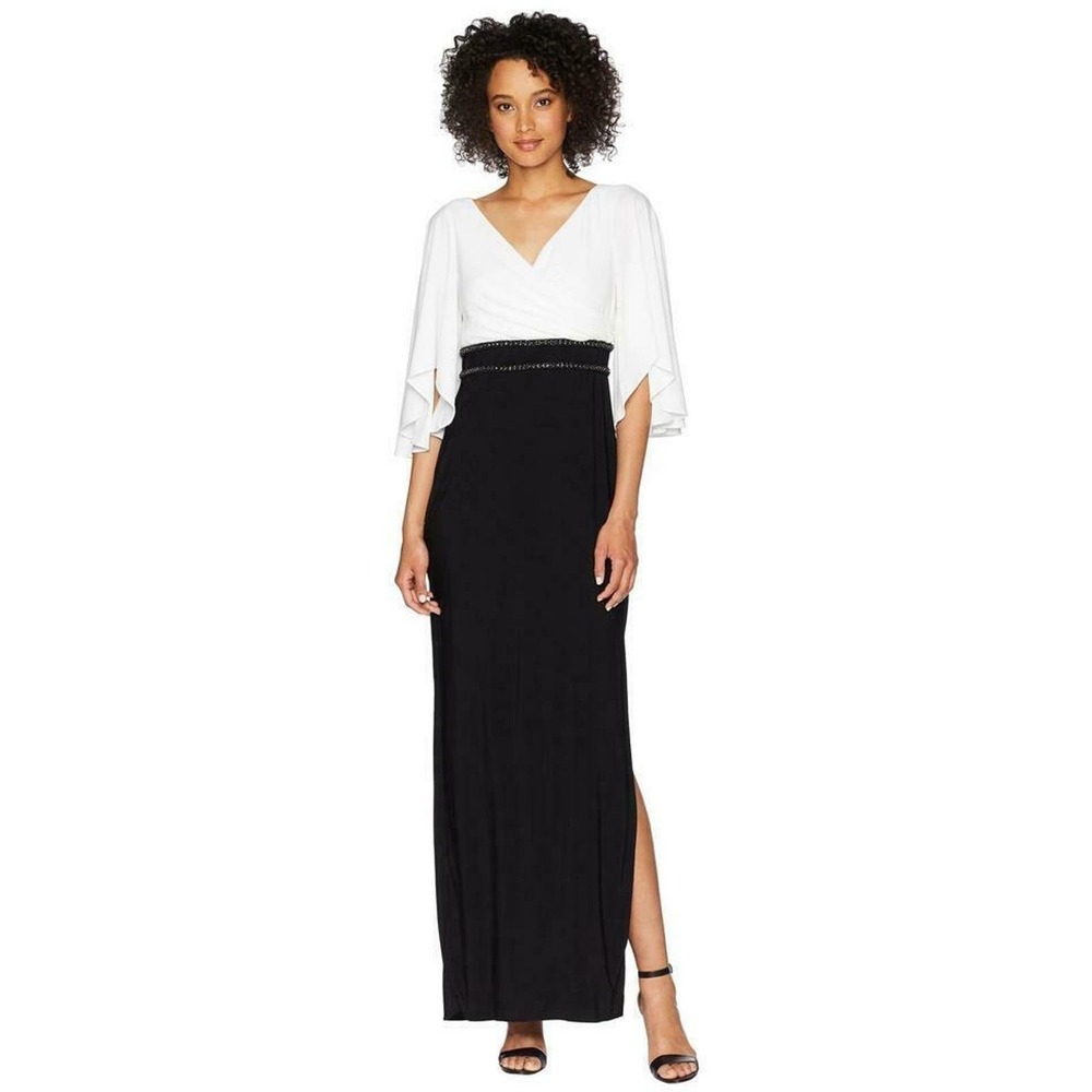NWT Adrianna Papell Women White/Black Elbow Sleeve V Neck Beaded Gown‎ 2